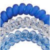 TELETIES On Call large spiral hair ties in blue, clear glitter, and light blue, designed for a secure, no-rip hold.
