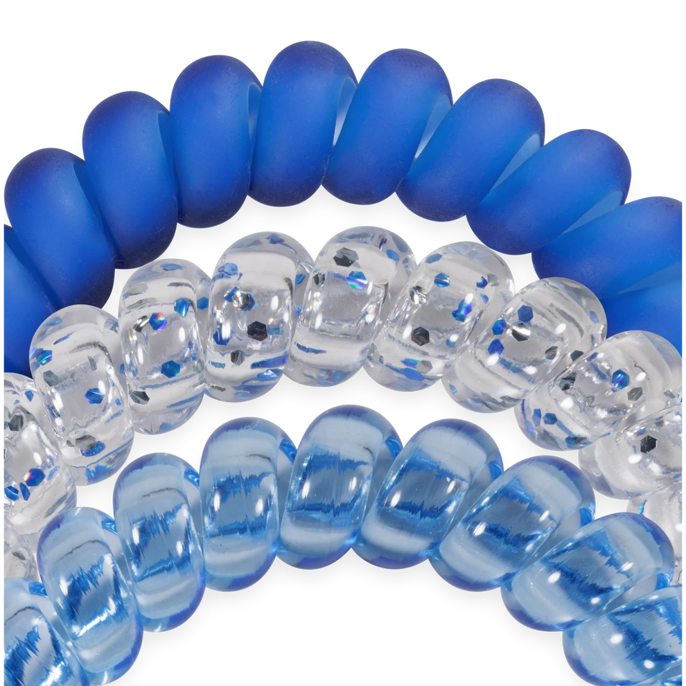 TELETIES On Call large spiral hair ties in blue, clear glitter, and light blue, designed for a secure, no-rip hold.
