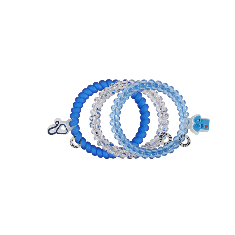 TELETIES On Call small hair ties in blue and clear spiral designs with medical-themed charms for healthcare workers.
