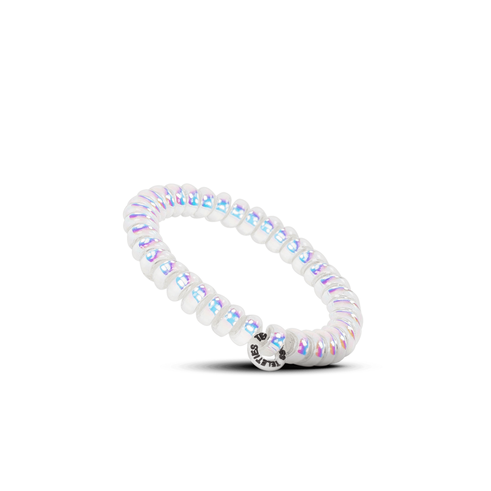 TELETIES Peppermint small hair ties in iridescent white, made of durable, waterproof material. Doubles as a bracelet.
