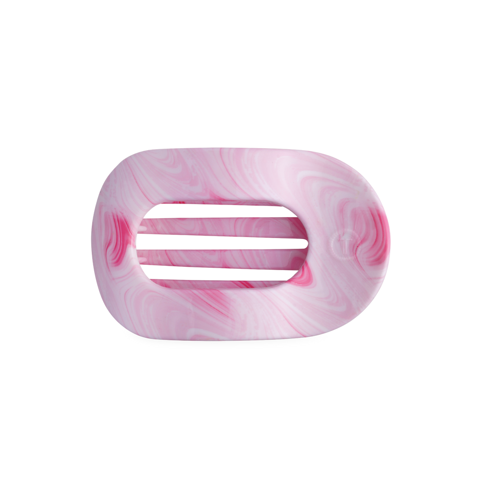 TELETIES Pinch Me! Medium Flat Round Hair Clip in pink marble. Designed for comfort when laying down.
