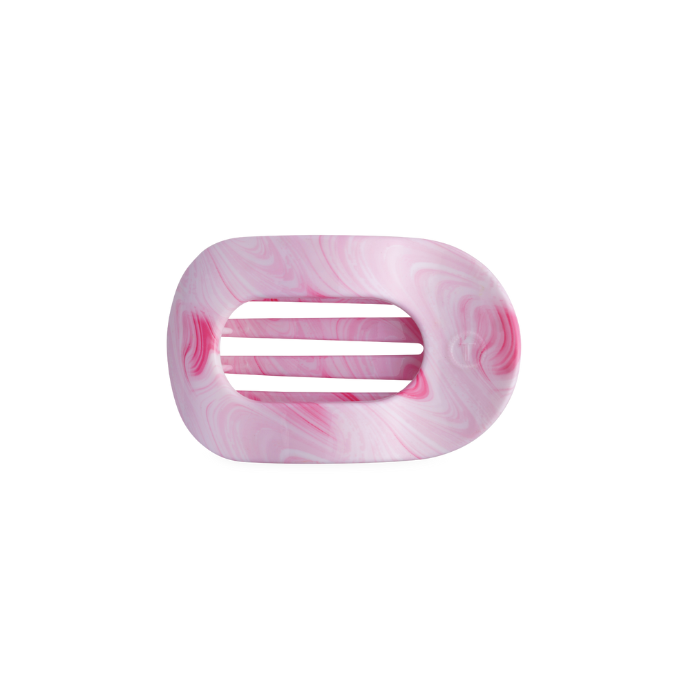 TELETIES Pinch Me! Small Flat Round Hair Clip in pink marble pattern. Bendable teeth for a secure hold.
