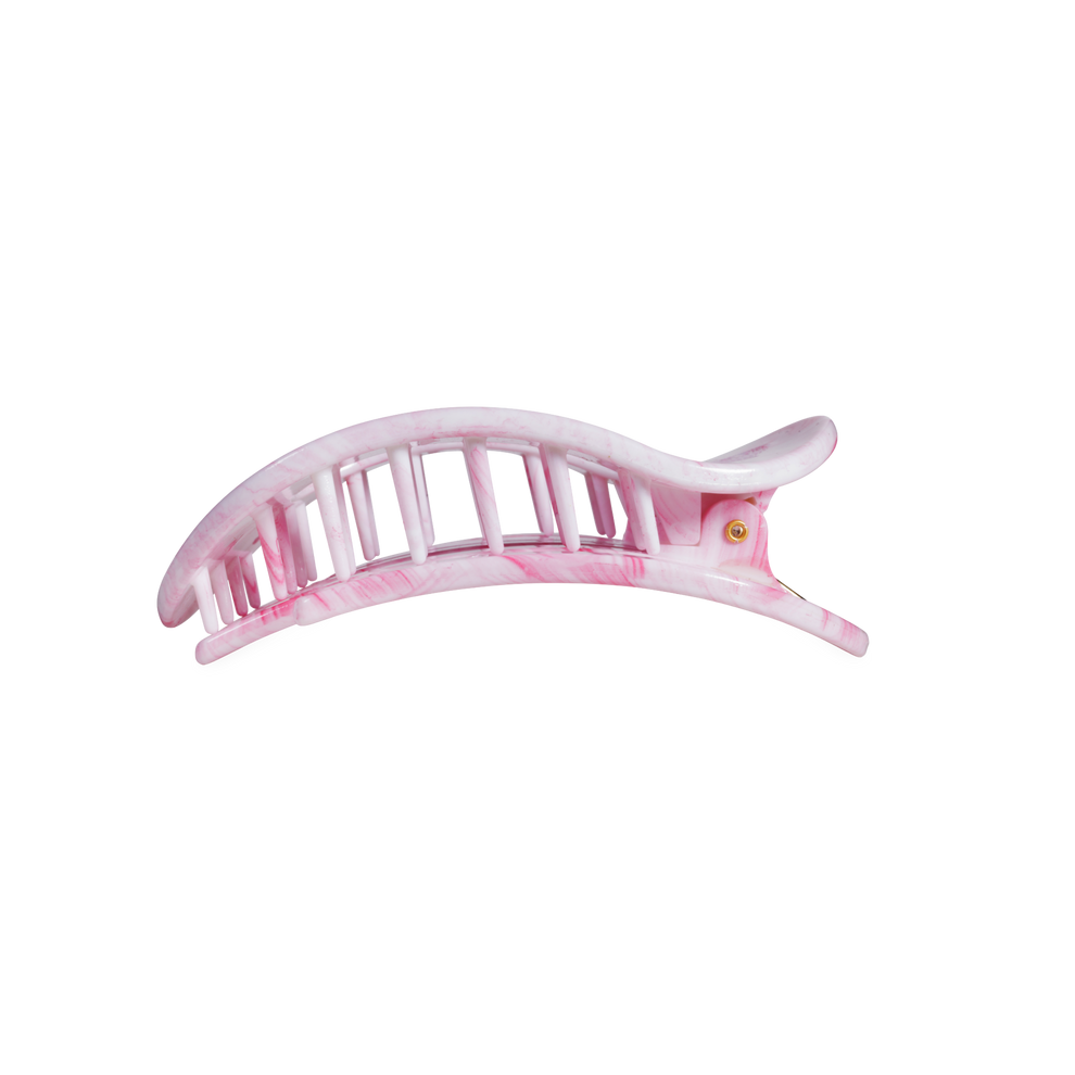 TELETIES Pinch Me! medium flat round pink marbled hair clip with bendable teeth for a secure hold.
