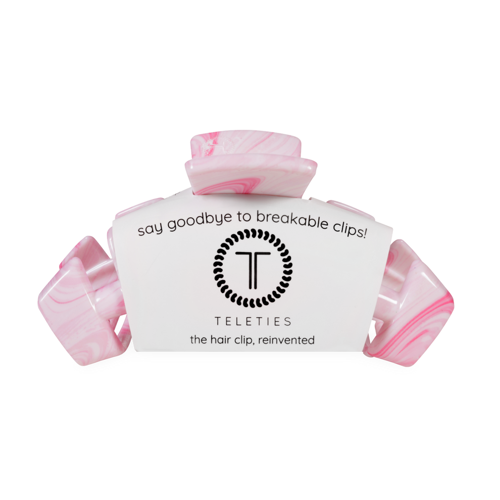 TELETIES Classic Pinch Me! Large pink marble claw clip with bendable teeth for a secure hold.
