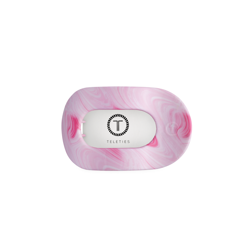 TELETIES Pinch Me! small flat round pink marble hair clip with bendable teeth for comfortable wear.
