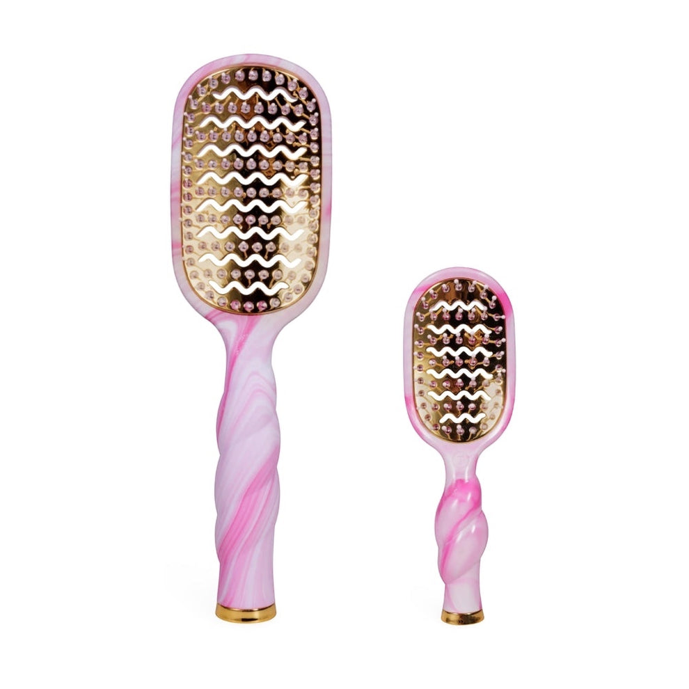 TELETIES Pinch Me! Vented Hair Brush Bundle in pink marble swirl pattern with gold accents. Includes two sizes.
