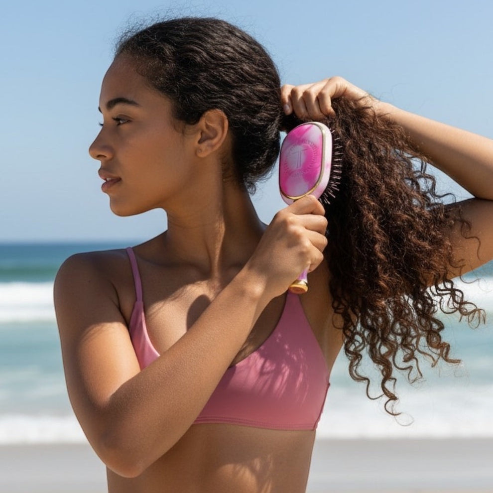 TELETIES pink tie-dye detangler hair brush with gold trim, used by a woman with curly hair on a beach.
