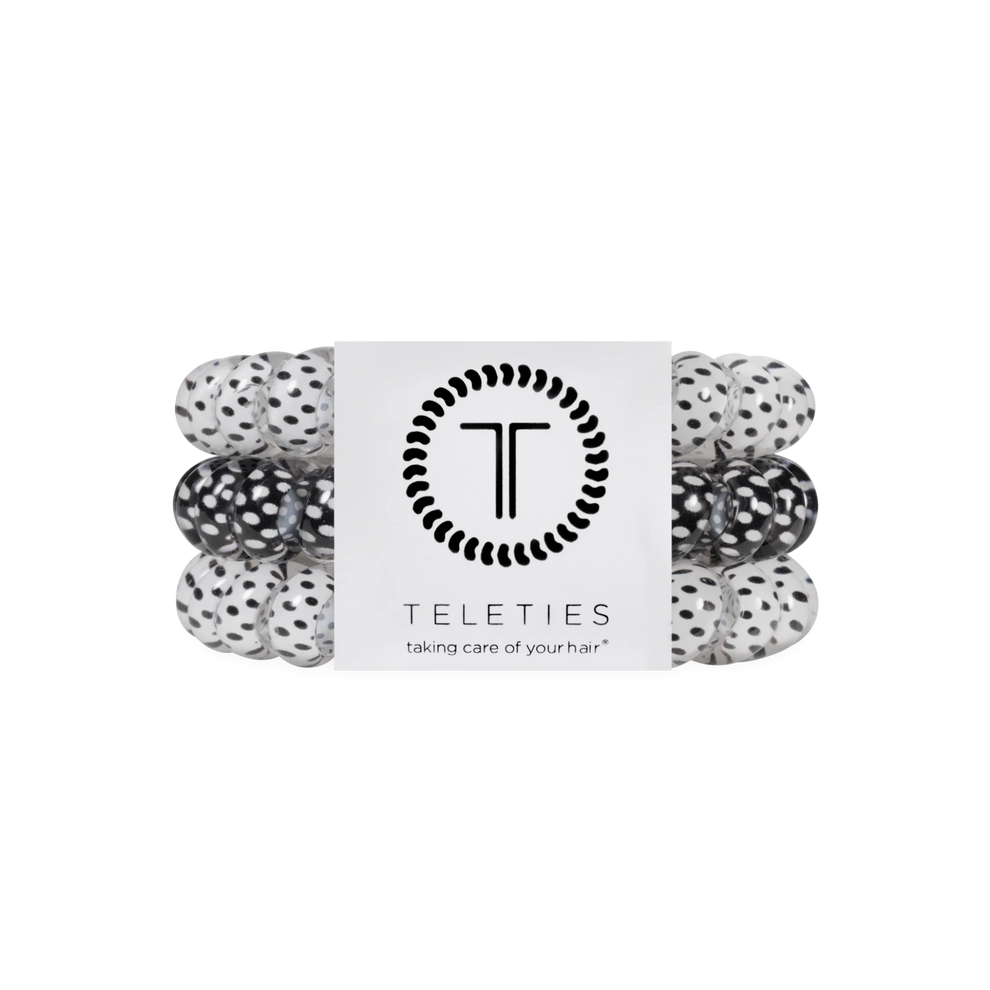 TELETIES large spiral hair ties in a black and white polka dot pattern, sold in a pack of three.
