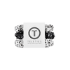 TELETIES pack of three large black and white polka dot silk scrunchies with inner coils for a secure, gentle hold.
