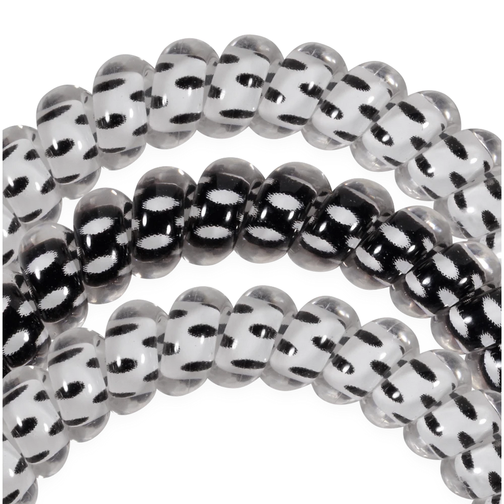 TELETIES small spiral hair ties in a black and white polka dot print for fine hair and braids
