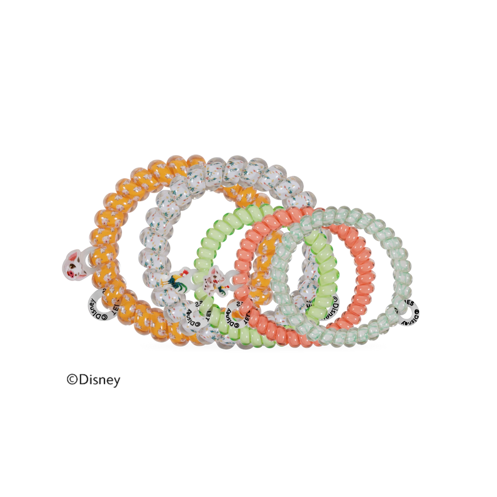 TELETIES Disney Pua and Heihei mixed hair tie pack featuring spiral, water-resistant coils in orange, green, and white.
