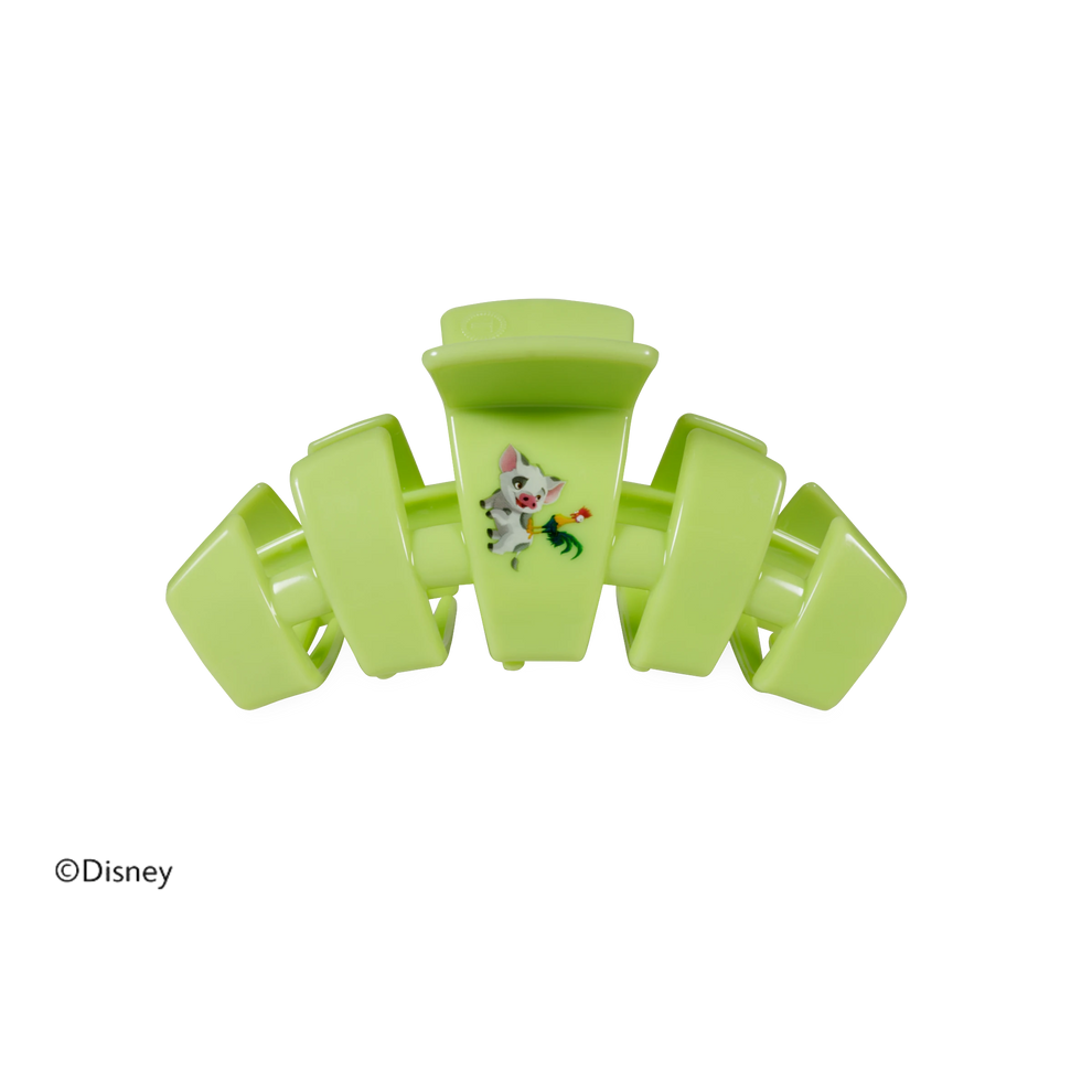 TELETIES small lime green claw clip featuring a Disney Pua and Heihei graphic, perfect for fine hair and kids.
