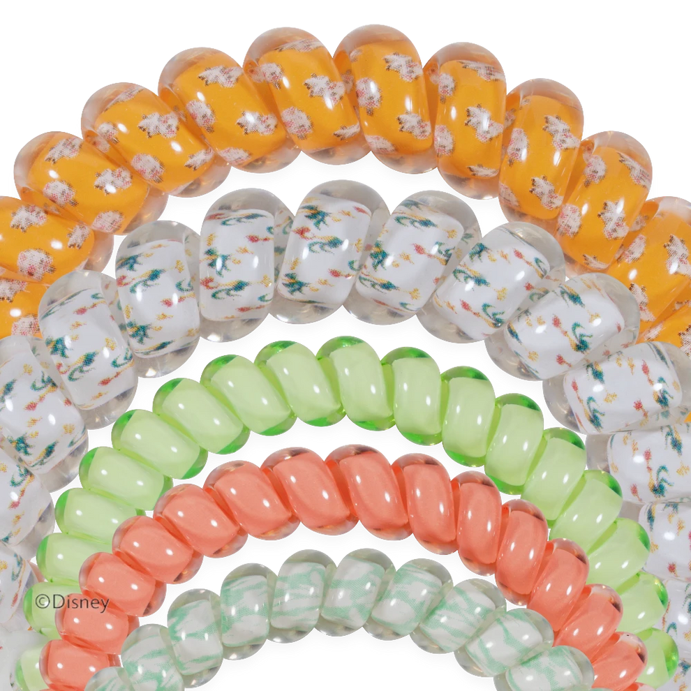 TELETIES Pua and Heihei spiral hair ties in orange, white, green, and pink, featuring a durable, no-rip design.
