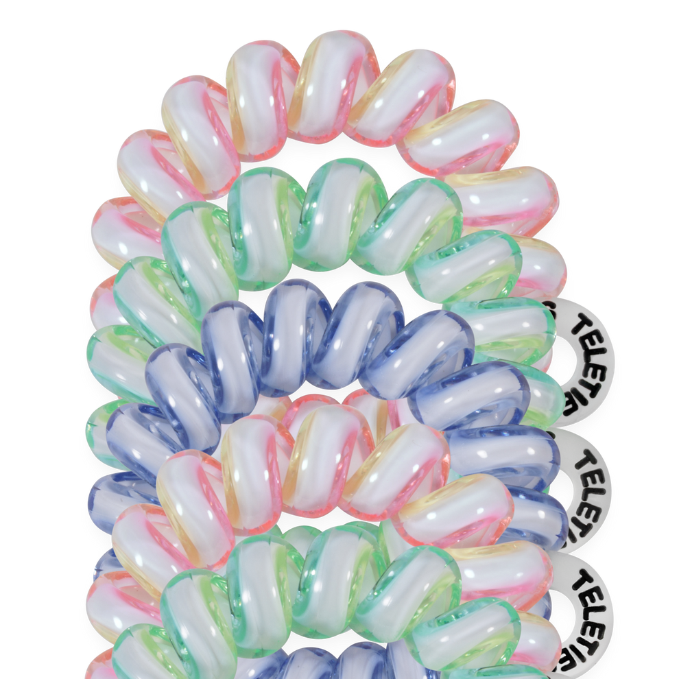 TELETIES Shades of Summer tiny hair ties in pink, green, and blue. Spiral design, pack of 5.
