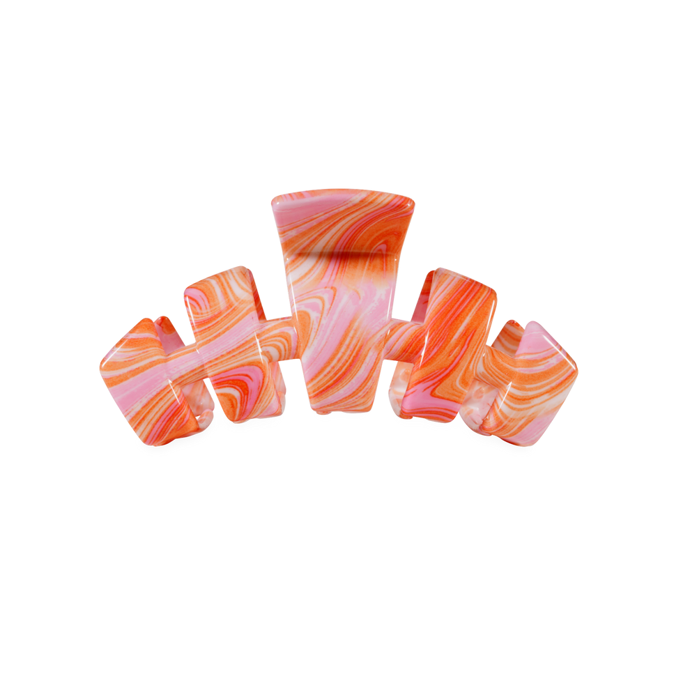 TELETIES Classic Just Keep Swimming small claw clip in pink and orange swirl pattern. summer hair accessory
