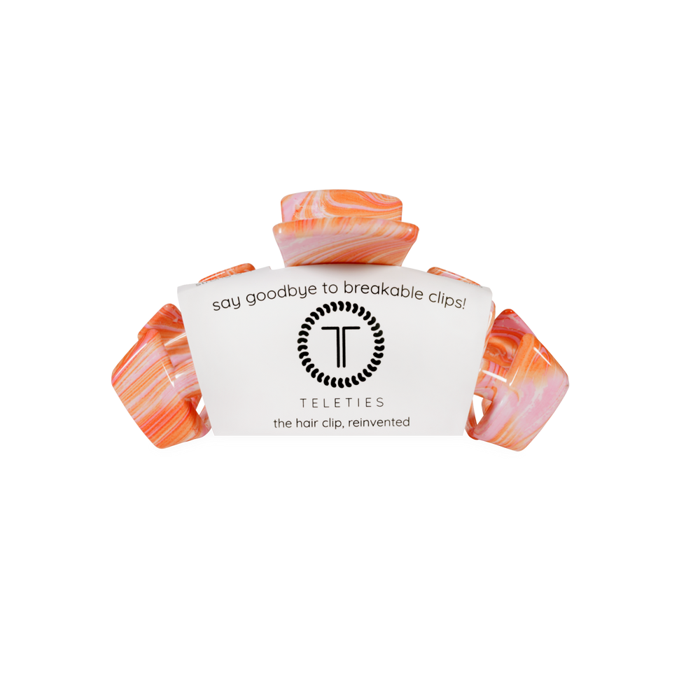 TELETIES Classic Just Keep Swimming small claw clip in pink and orange swirl pattern. summer hair accessory
