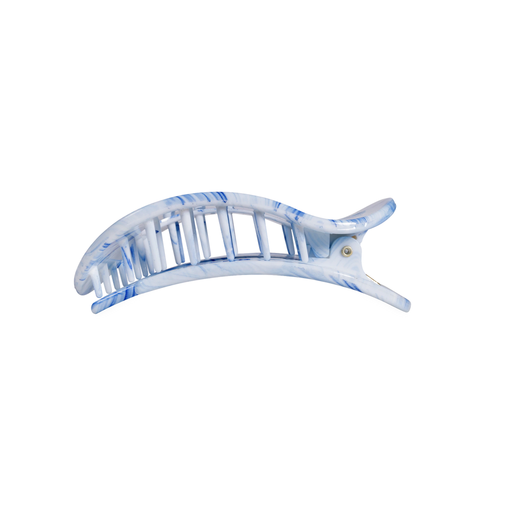 TELETIES Tide & True medium flat round hair clip in blue and white marble pattern. Bendable teeth.
