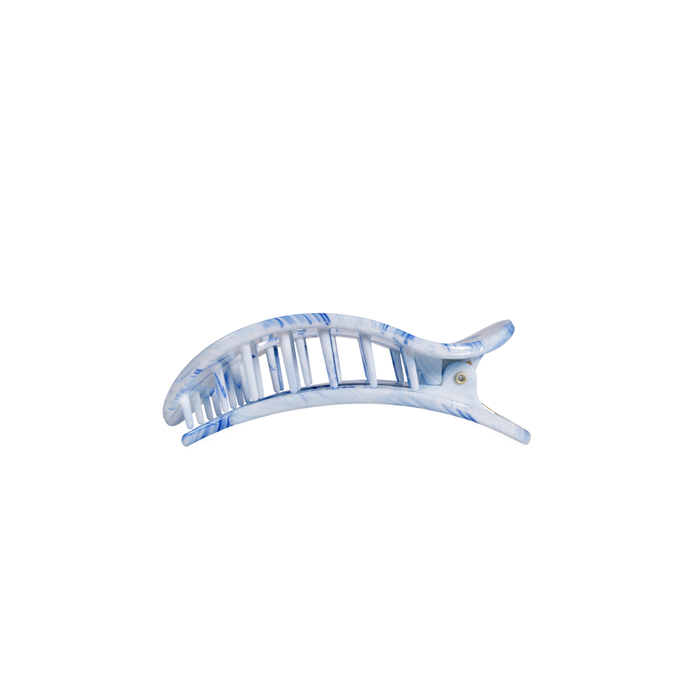 TELETIES Tide & True small flat round blue marbled hair clip with bendable teeth for a secure hold.
