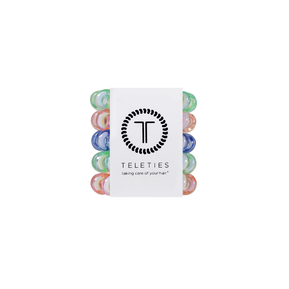 TELETIES Shades of Summer tiny hair ties in pink, green, and blue. Pack of 5.
