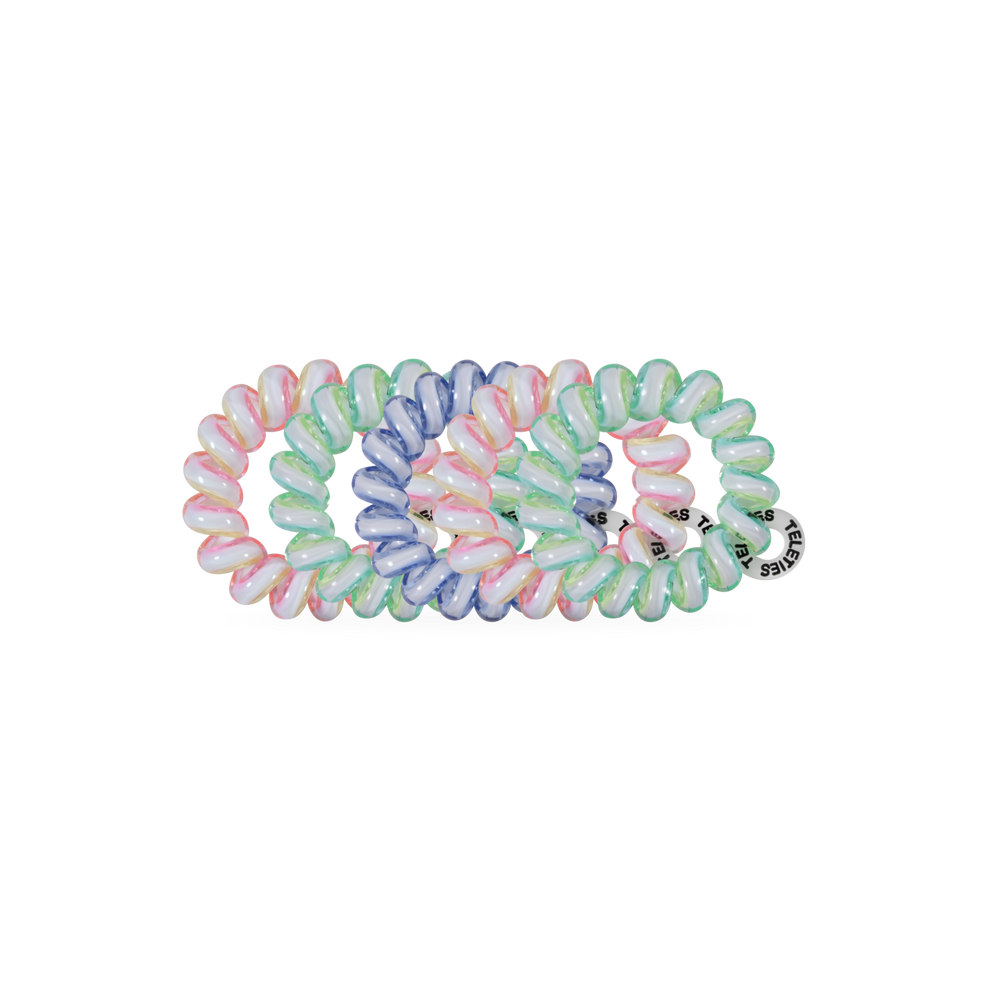 TELETIES Shades of Summer tiny hair ties in pastel pink, green, and blue. Spiral design for damage-free grip.
