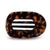 TELETIES Tortoise Large Flat Round Hair Clip, measuring 4.5 inches, with a brown tortoiseshell pattern. Its flexible teeth provide a secure hold, making it nearly unbreakable. The clip is neutral in color, lightweight, and its flat design enhances comfort when laying flat, workouts, and driving.
