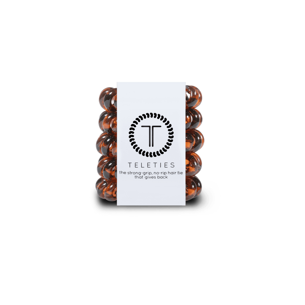 TELETIES Tortoise Tiny Hair Ties, spiral coil design in deep brown tortoise, pack of 5. Perfect for thin hair and braids for a strong grip with no damage.
