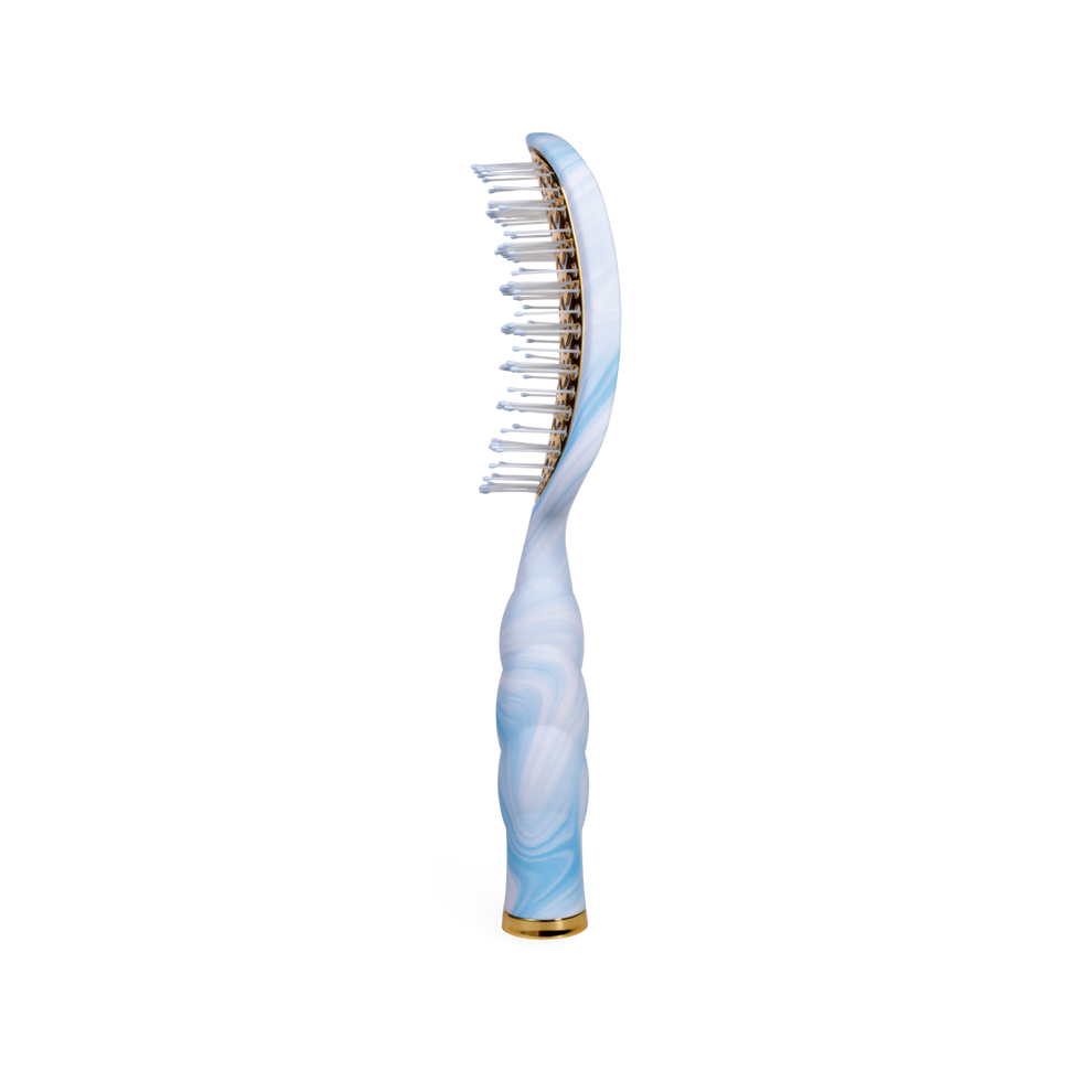 TELETIES blue and white tie-dye vented hair brush with gold plate and comfortable handle.
