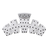 TELETIES large hair claw clip in white with a black polka dot pattern, featuring a sturdy curved design.
