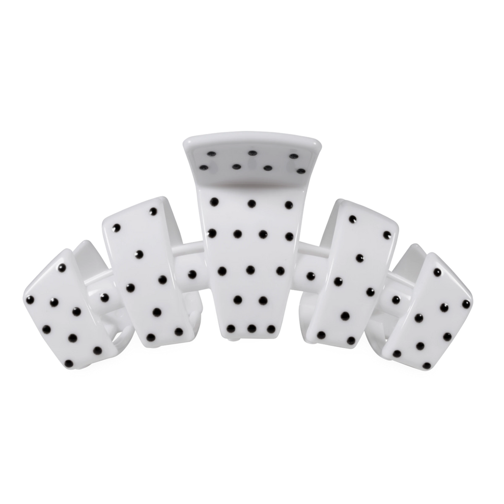 TELETIES large hair claw clip in white with a black polka dot pattern, featuring a sturdy curved design.
