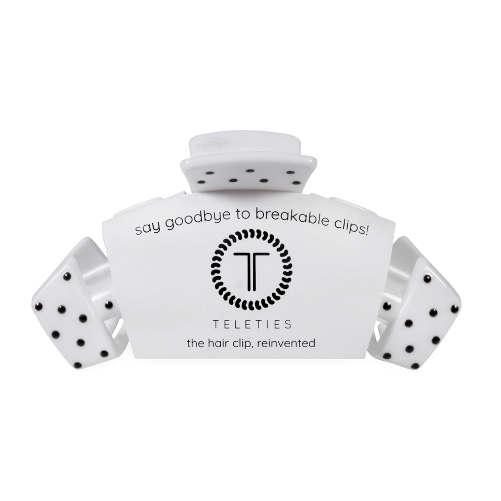 TELETIES white hair claw clip featuring a black polka dot pattern and branded logo on a white display card
