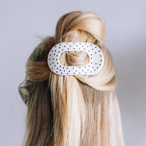 White Polka Dot Party Medium Flat Round Hair Clip