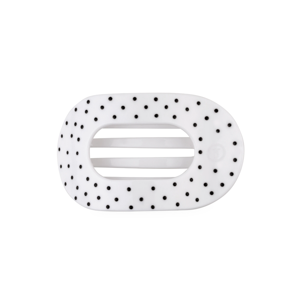 TELETIES white medium flat round hair clip with black polka dot pattern and flexible teeth for comfortable wear
