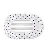 TELETIES large flat round hair clip in white with a black polka dot pattern for comfortable wear against headrests.
