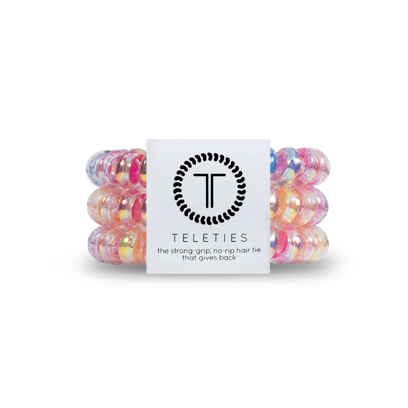 TELETIES - Eat Glitter for Breakfast Large Hair Ties in Blue Pink Purple Yellow Rainbow - Large - Image 1